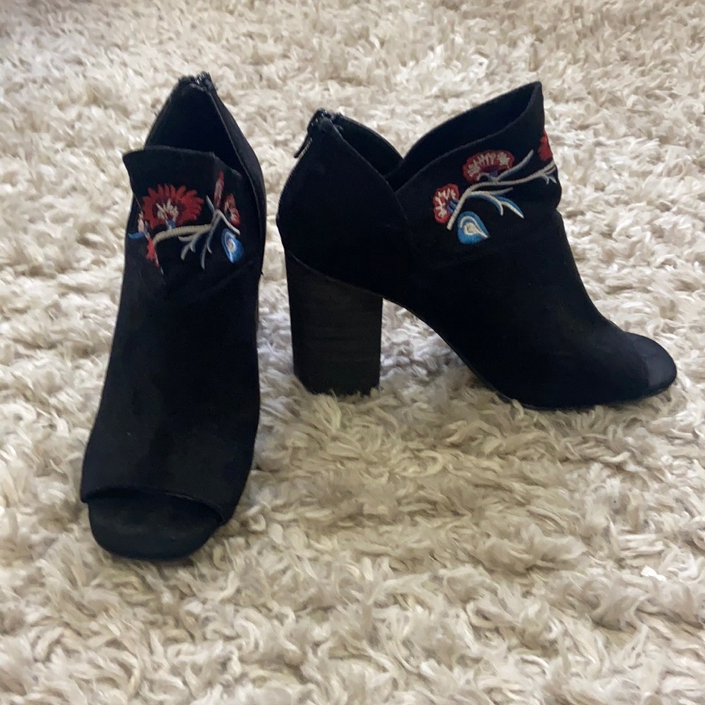 black suede open toed booties